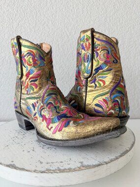 Old Gringo TAOS FIESTA Short Gold Boots Colorful Cowboy Womens 7.5 Snip Toe NEW